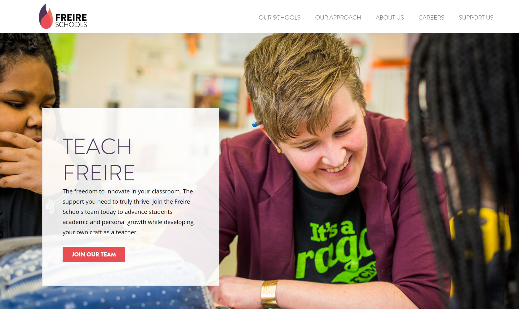 Freire Schools Network Website A section of the Freire School homepage, featuring a full-bleed photo of a smiling teacher working with students and a headline reading "Teach Freire"