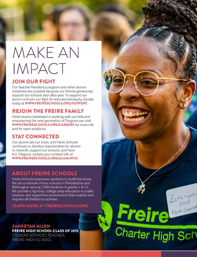 A page of Freire Schools' Alumni Magazine featuring a smiling Freire grad and information on how to support Freire Schools