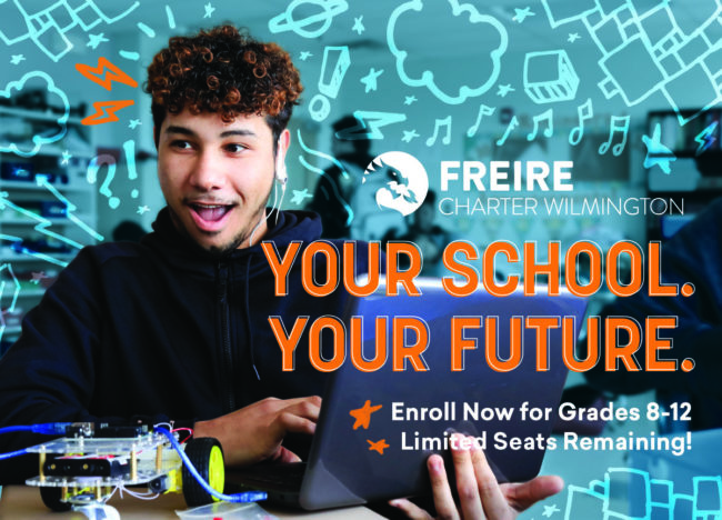 Freire Wilmington Admissions Campaigns An image of an excited student at a computer, decorated with playful doodles and the text "Your School. Your Future."